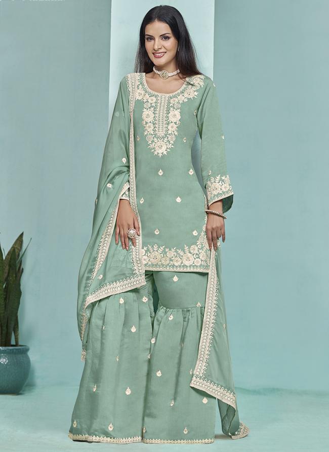 Roman Silk Teal Wedding Wear Embroidery Work Sharara Suit